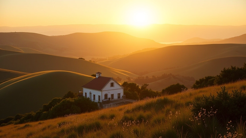 Golden hour light illuminating a rolling Portuguese hillside with traditional stone buildings in the distance