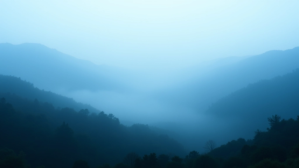 Misty morning landscape with fog settling in valleys, cool blue tones, and soft diffused light