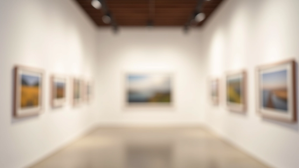Modern art gallery interior with white walls displaying framed photographs and artwork