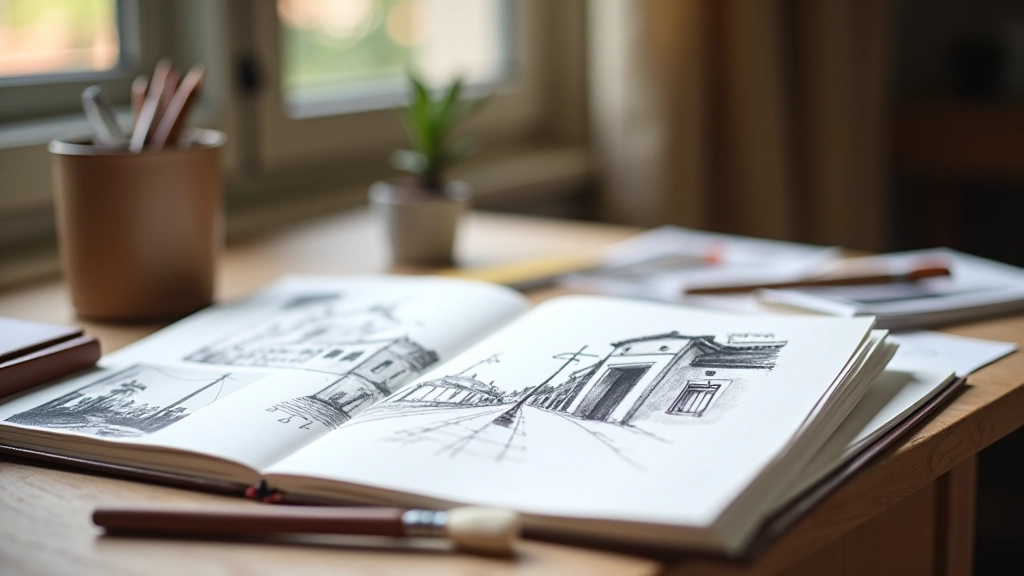 Open sketchbook with charcoal sketches and pencil drawings of urban architecture and street scenes