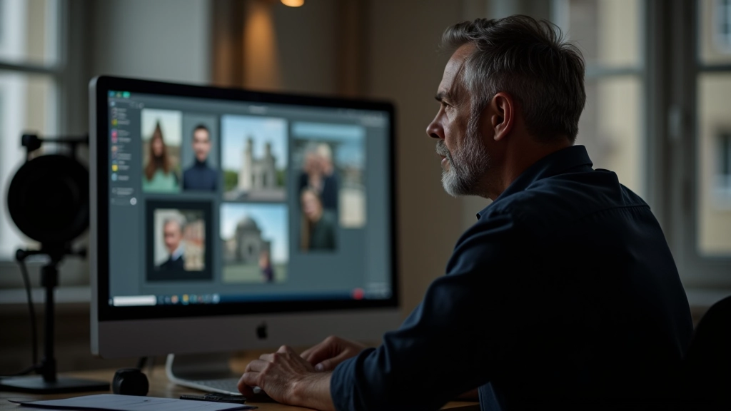 Portrait photographer adjusting camera settings while reviewing session on large studio monitor