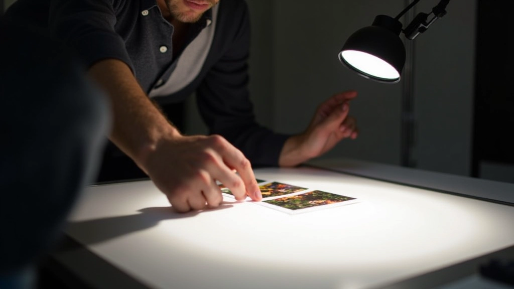 Professional photographer reviewing and selecting prints on a light table with magnifying loupe