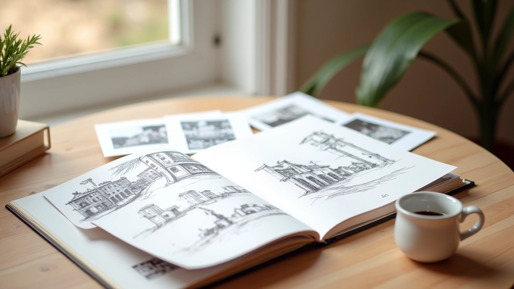 Portfolio layout showing sketch pages next to printed photographs arranged on light background