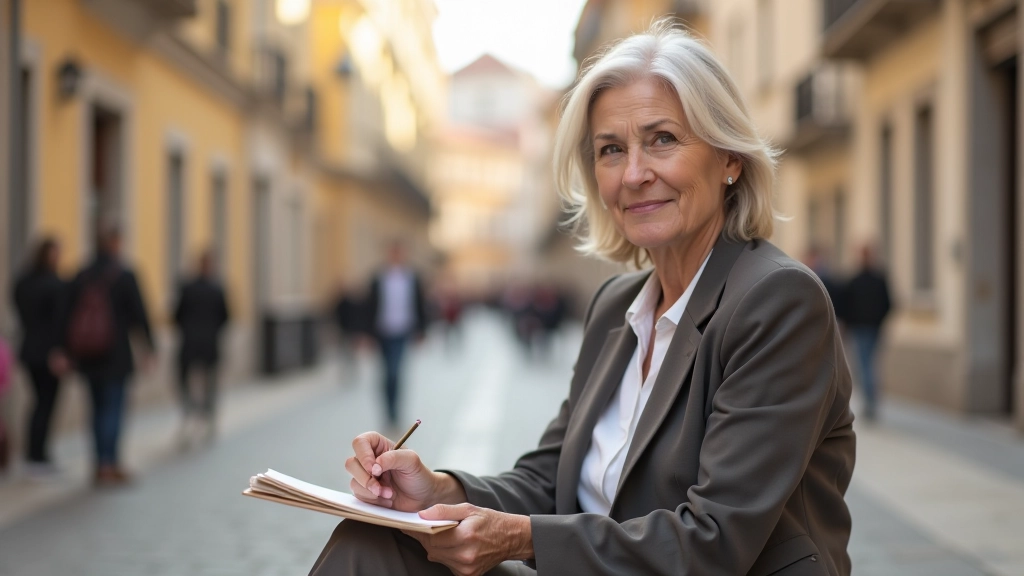 Urban sketcher working outdoors in Portuguese city square, sketching historic architecture with fountain in background
